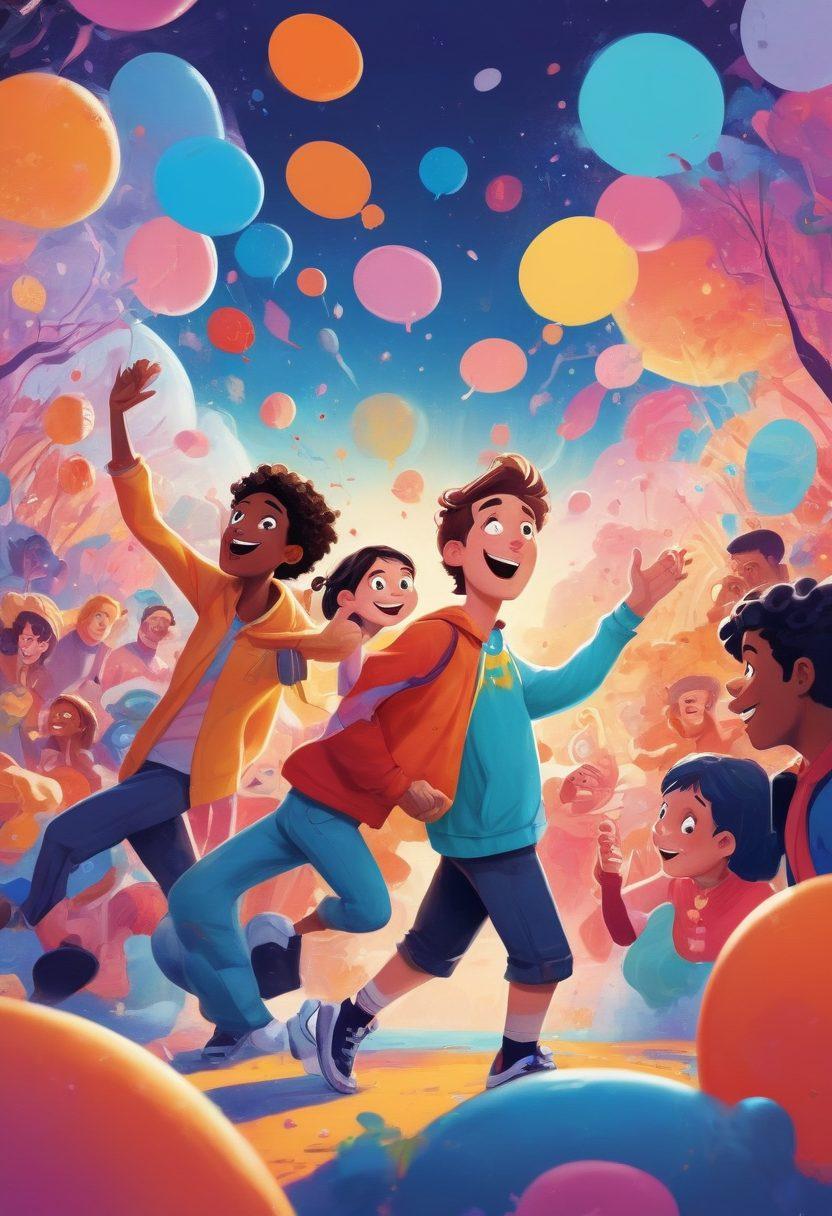 A colorful, dynamic illustration showcasing a diverse group of animated characters interacting in a whimsical universe, breaking boundaries and taboos. Incorporate elements like comic-style speech bubbles and a background filled with abstract shapes and playful motifs that reflect the freedom and creativity of adult animation. Highlight the excitement and connection among fans, with characters in various expressive poses. vibrant colors. cartoonish style. energetic composition.